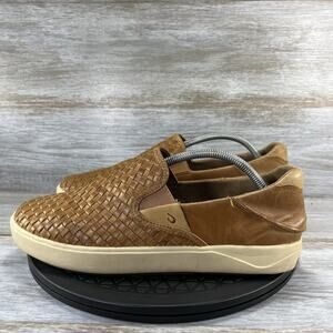 OLUKAI Men's Lae'ahi Lauhala Brown Leather Woven Slip On Shoes Size 9.5